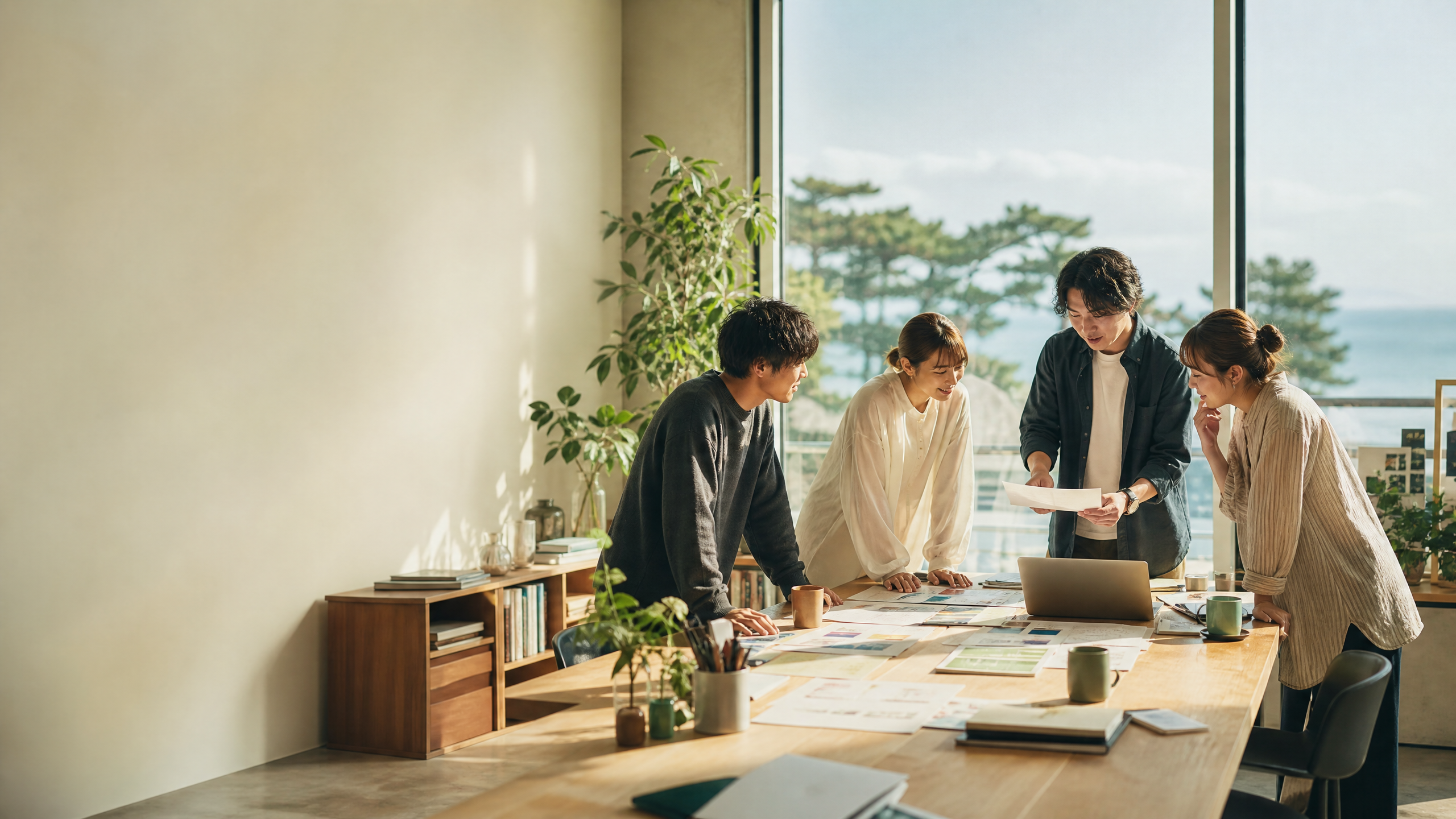 オフィスで自然に会話しながら働くメンバー