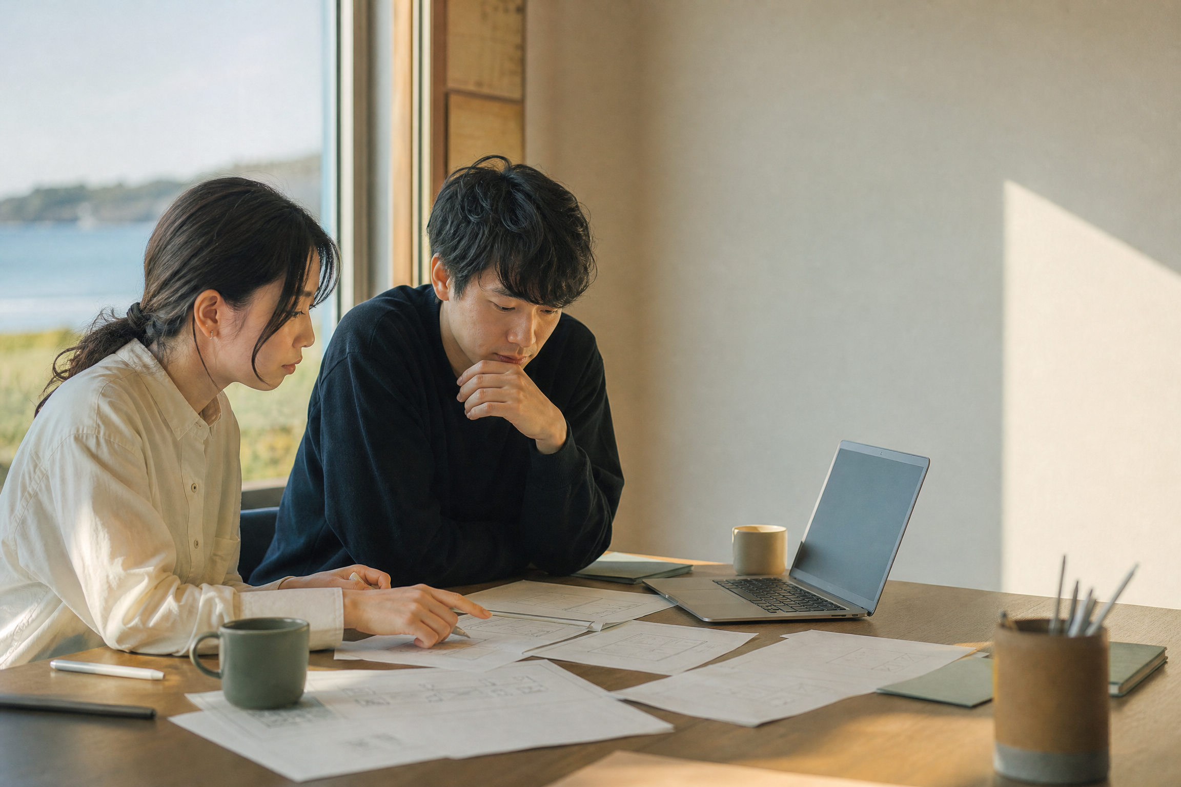 デスクで相談しながら制作物を確認するメンバー